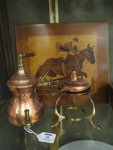 Lot 28 - A copper samovar and a marquetry plaque of a...