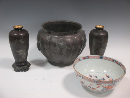Lot 60 - A Japanese Meiji period bronze bowl, a pair of...