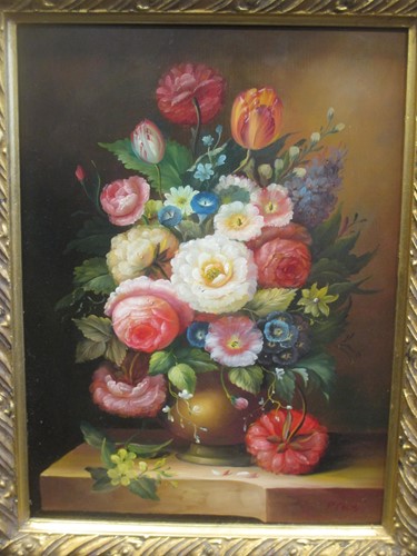 Lot 224 - P. Calos, Still life of flowers in a vase on a...