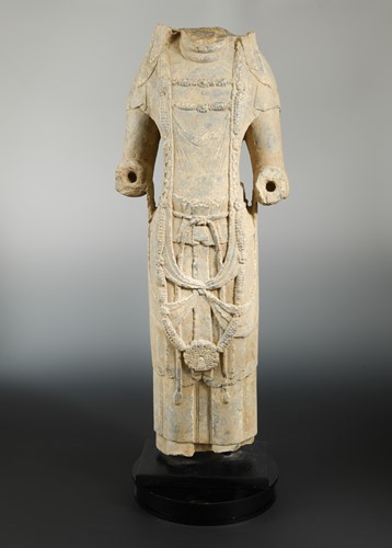 Lot 143 - A grey stone/limestone standing Bodhisattva torso, perhaps Northern Qi Dynasty (550-577 AD)