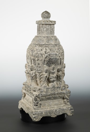 Lot 153 - A Chinese grey stone lidded stupa urn, Sui Dynasty style
