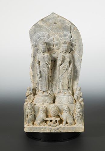 Lot 123 - A Chinese limestone double Bodhisattva stele with acolytes