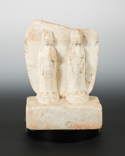 Lot 126 - A Chinese white marble double Bodhisattva stele, with aureole, with inscriptions, Northern Qi style