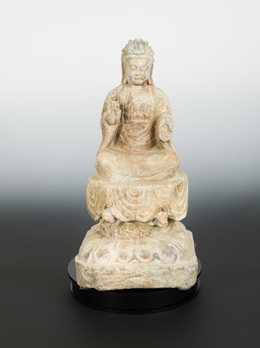Lot 158 - A Chinese pale stone seated figure of Guanyin, in meditative pose, on pedestal, Tang Dynasty style