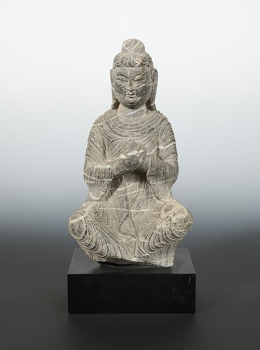 Lot 170 - A Chinese white banded grey stone figure of a Seated Buddha, in Wei Dynasty style