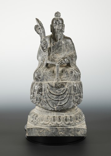 Lot 181 - A Chinese veined marble seated figure of Laozi, in Northern Wei style, on pedestal