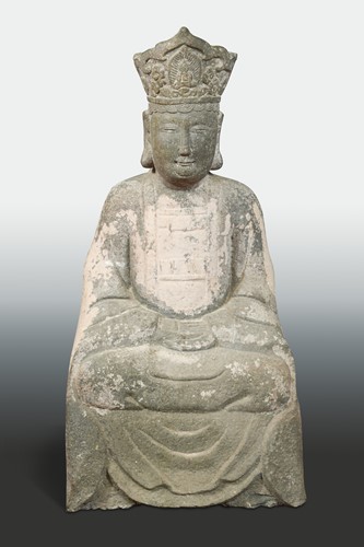 Lot 183 - A Chinese grey stone seated figure of Maitreya, in Tang style, crowned