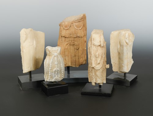 Lot 196 - Five Chinese white marble fragmentary Bodhisattva/Maitreya figures, all in Northern Wei /Qi style