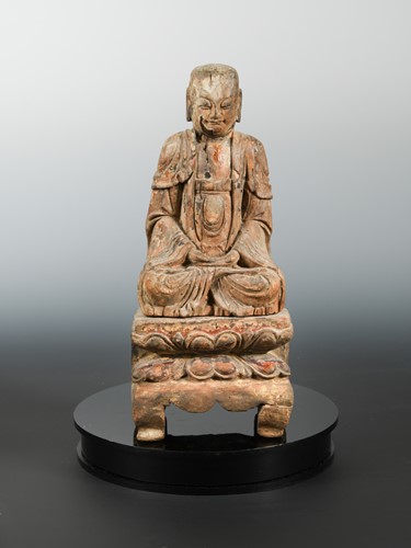 Lot 203 - A Chinese carved, polychrome and gilded wood seated figure of a Buddha, perhaps Ming Dynasty, 16-17th century