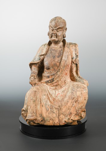 Lot 239 - A Chinese carved & polychrome wood figure of a seated dignitary or immortal, possibly Ming 16-17th century