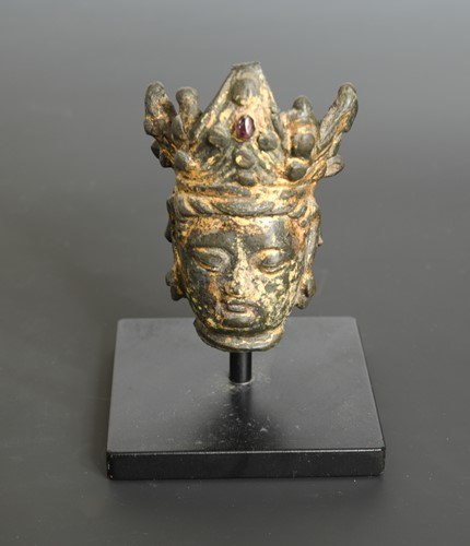 Lot 286 - A Chinese gilt bronze head of Guanyin with jewelled "ruby" crown, possibly Ming Dynasty 14th/15th century
