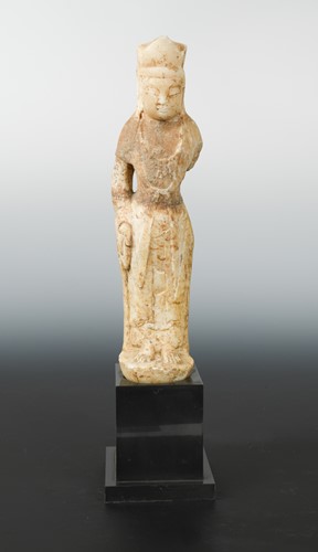 Lot 295 - A Chinese white marble standing Buddhist deity, in 6th/7th century style