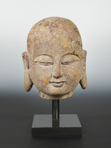 Lot 300 - A Chinese carved, lacquered and gessoed wood head of lohan