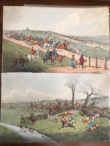 Lot 68 - Chasing the stag, a pair of 19th century comical hunting scenes