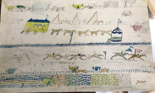 Lot 74 - A Naieve watercolour drawing of a race meeting