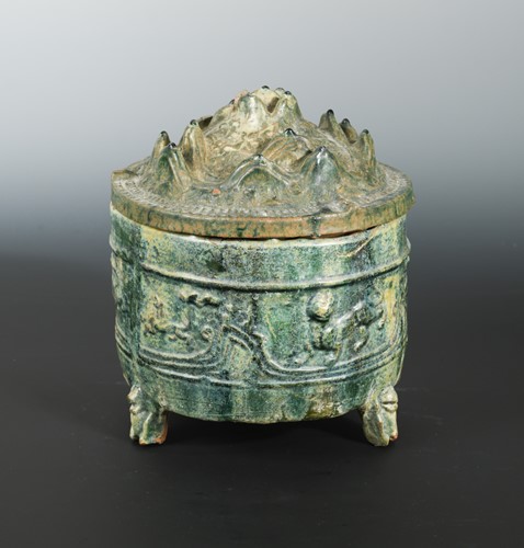 Lot 320 - A Chinese green-glazed pottery incense burner and cover, Boshanlu, Han Dynasty