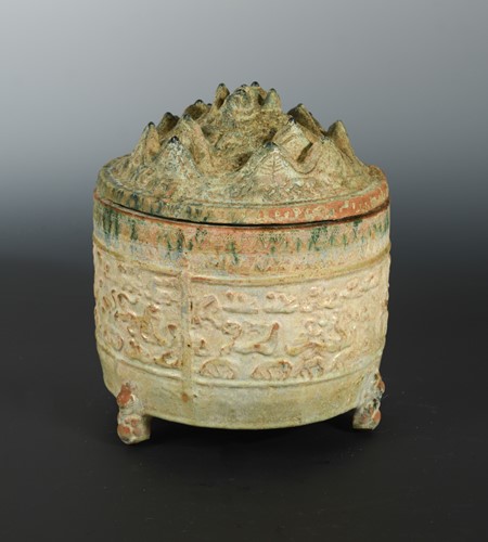 Lot 321 - A Chinese green-glazed pottery incense burner and cover, Boshanlu, Han Dynasty
