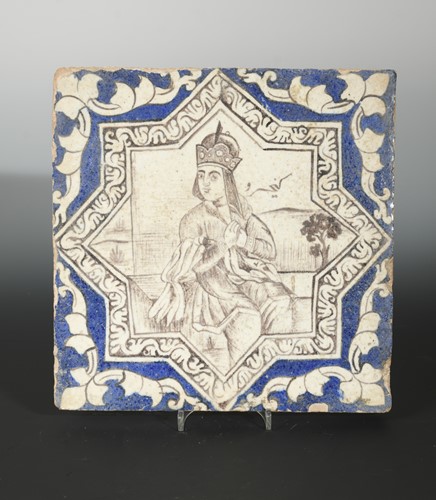 Lot 325 - A Qajar large pottery tile, centrally painted with a Persian princess, c. 1900