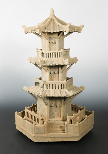 Lot 337 - A Chinese grey pottery three storey watch-tower, probably Han Dynasty