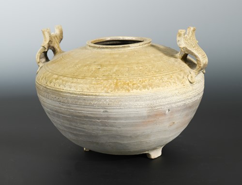 Lot 348 - A Chinese olive glazed pottery jar, probably Warring States (475-221 BC)