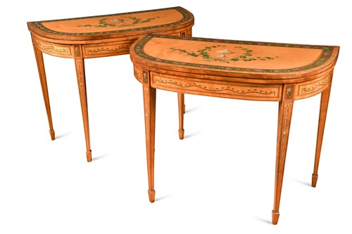 Lot 375 - A pair of George III painted satinwood demi lune card tables