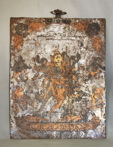 Lot 368 - A Tibetan copper and gold inlaid steel plaque depicting Chakrasamvara, 18th/19th century