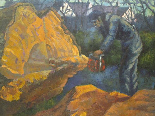 Lot 293 - Sylvia Molloy, Chainsaw, oil on canvas, signed...