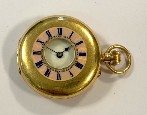 Lot 224 - Unsigned - A lady's Swiss 18ct gold half hunter pocket watch retailed by Barraud & Lund