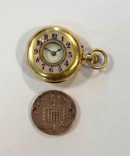 Lot 227 - Unsigned - An unusual French 18ct gold lady's miniature half hunter pocket watch, retailed by J.W. Benson