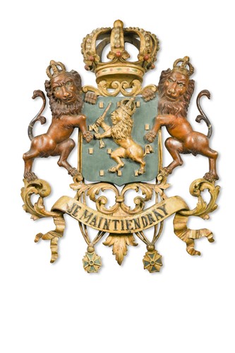 Lot 881 - A Carved, painted and parcel-gilt coat of arms of the Netherlands, 19th century