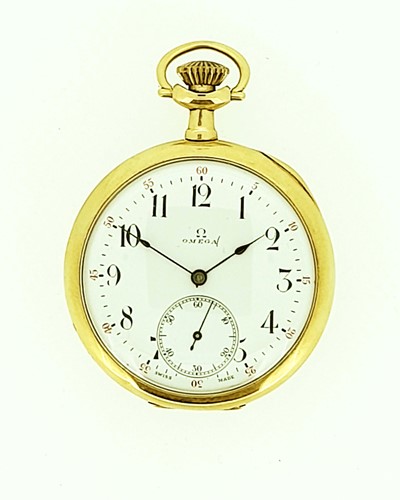 Lot 229 - Omega - An open faced dress pocket watch marked '14K'