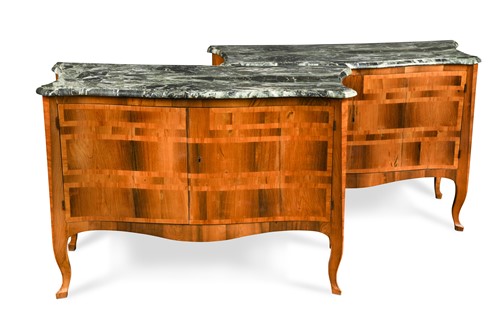 Lot 305 - A pair of Italian inlaid tulipwood, rosewood and kingwood parquetry serpentine commodes à vantaux, 18th century, with later re-fitted interiors