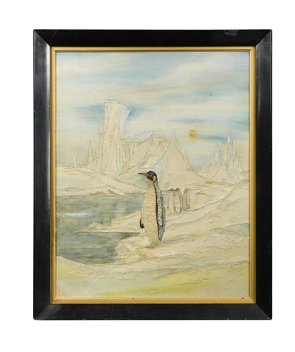 Lot 126 - English School, early 20th century, a silk work picture of penguins