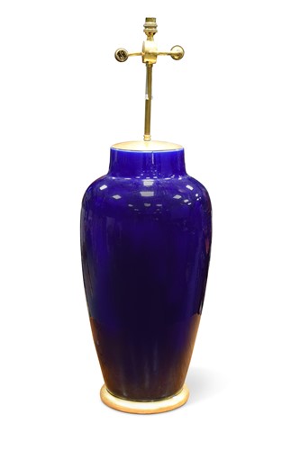 Lot 259 - A large Sevres style bleu lapis porcelain lamp, 20th century