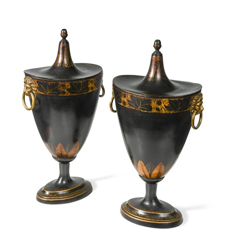 Lot 326 - A pair of parcel-gilt and bronzed tole chestnut urns, late 19th/ early 20th century