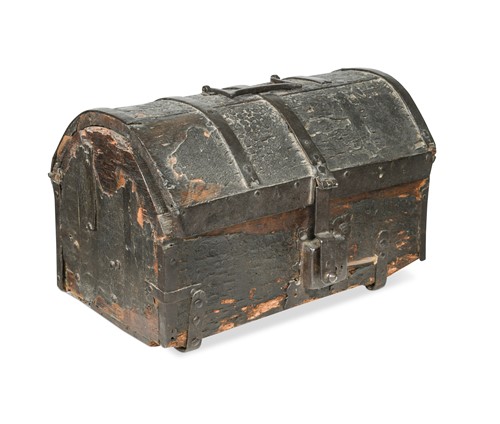 Lot 161 - An iron and leather bound oak casket, 16th century