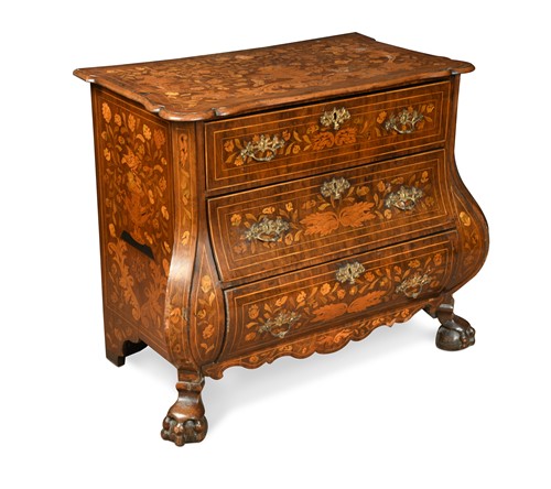Lot 211 - A Dutch walnut and marquetry bombe chest, 19th century