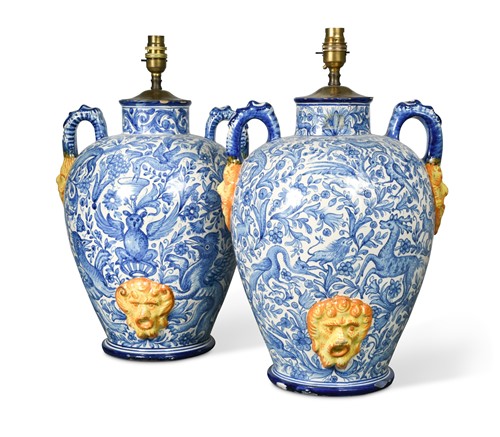 Lot 144 - A pair of Italian blue maiolica vase-shaped table lamps, 20th century