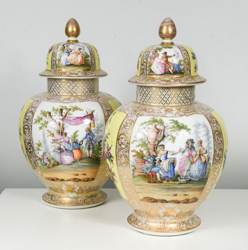 Lot 43 - A pair of Dresden vases and covers, 19th / 20th century