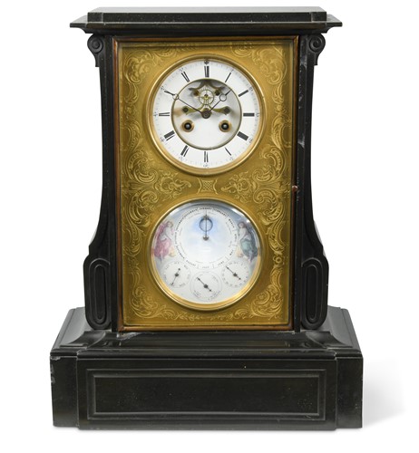Lot 332 - A Victorian black slate perpetual calendar mantel clock