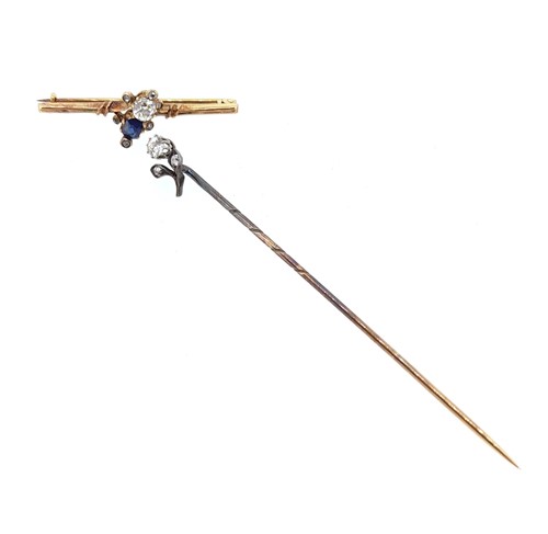 Lot 115 - A diamond and sapphire bar brooch and a diamond set cravat pin