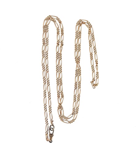 Lot 8 - A rose coloured fancy link long guard chain
