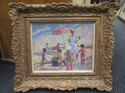 Lot 215 - Figures on a beach, 20th century, oil on board,...