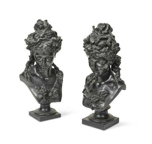 Lot 300 - Jean-Louis Grégoire (French 1840-1890), a pair of dark patinated bronze busts of ladies