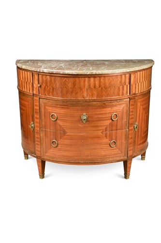 Lot 301 - A Louis XVI kingwood parquetry demi-lune commode
