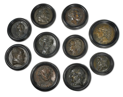 Lot 228 - After Pierre-Jean David D’Angers (1788-1856), twelve bronzed metal relief portrait roundels