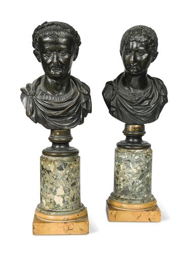 Lot 230 - A pair of Italian bronze busts of Emperors, 19th century