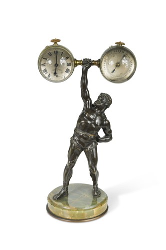 Lot 315 - A desk timepiece and barometer modelled as Atlas, circa 1900