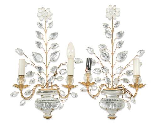 Lot 344 - A pair of mirrored glass decorative floral shape wall lights, 20th century