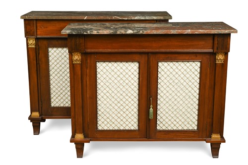 Lot 309 - A matched pair of French style mahogany marble top cabinets